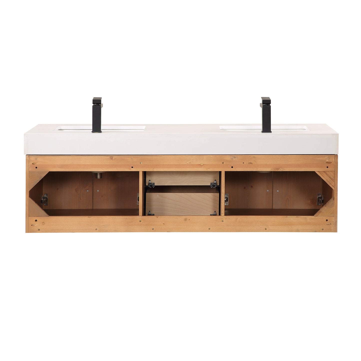 Corchia 60" Wall-mounted Double Bathroom Vanity in Light Brown with White Engineered Stone Countertop with Mirror