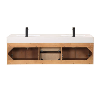 Corchia 60" Wall-mounted Double Bathroom Vanity in Light Brown with White Engineered Stone Countertop with Mirror