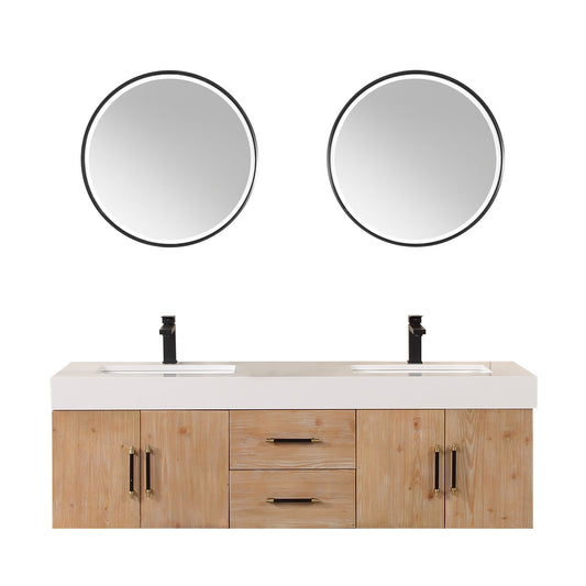 Corchia 60" Wall-mounted Double Bathroom Vanity in Light Brown with White Engineered Stone Countertop with Mirror