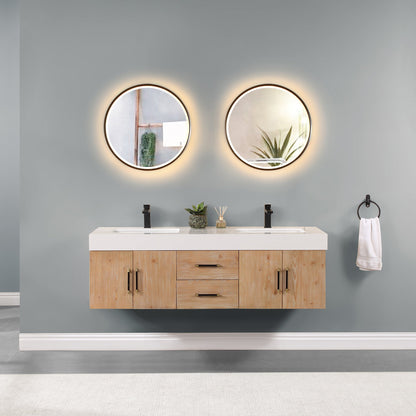 Corchia 60" Wall-mounted Double Bathroom Vanity in Light Brown with White Engineered Stone Countertop with Mirror
