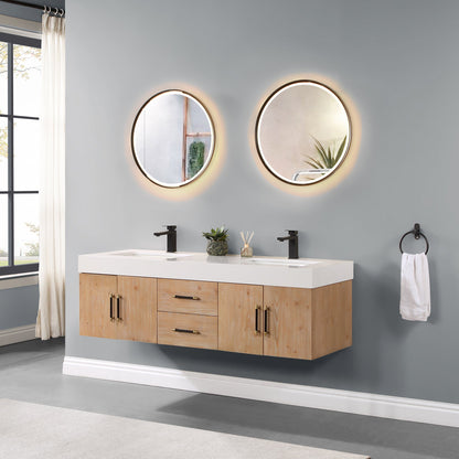 Corchia 60" Wall-mounted Double Bathroom Vanity in Light Brown with White Engineered Stone Countertop with Mirror