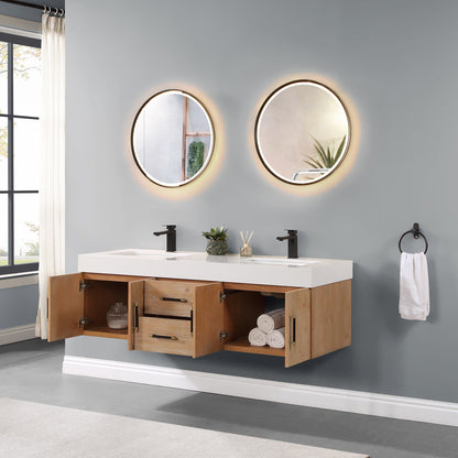 Corchia 60" Wall-mounted Double Bathroom Vanity in Light Brown with White Engineered Stone Countertop with Mirror