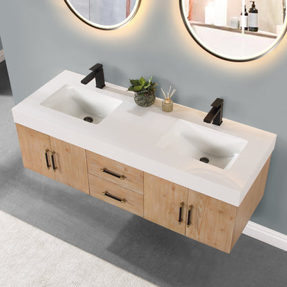 Corchia 60" Wall-mounted Double Bathroom Vanity in Light Brown with White Engineered Stone Countertop with Mirror