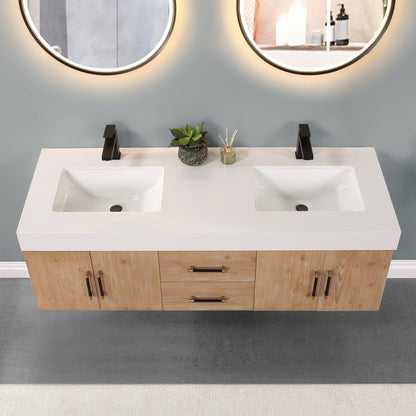 Corchia 60" Wall-mounted Double Bathroom Vanity in Light Brown with White Engineered Stone Countertop with Mirror