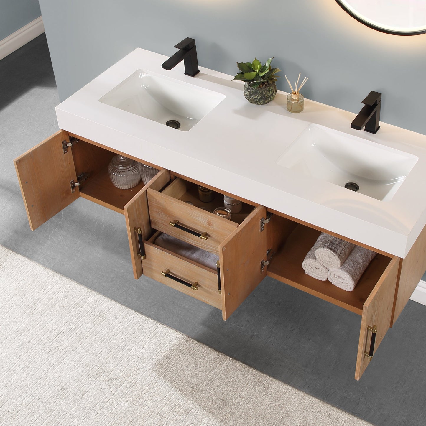 Corchia 60" Wall-mounted Double Bathroom Vanity in Light Brown with White Engineered Stone Countertop with Mirror