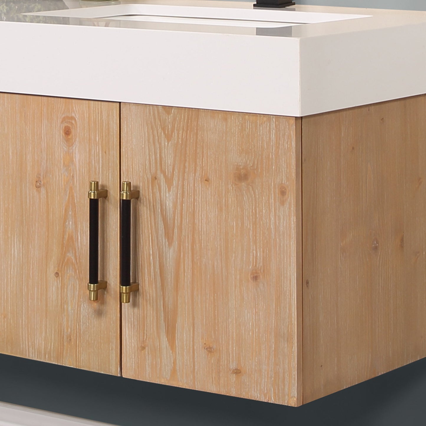 Corchia 60" Wall-mounted Double Bathroom Vanity in Light Brown with White Engineered Stone Countertop with Mirror