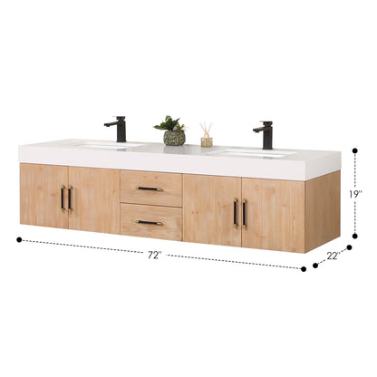 Corchia 72" Wall-mounted Double Bathroom Vanity in Light Brown with White Engineered Stone Countertop without Mirror