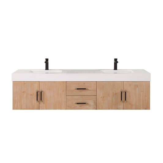 Corchia 72" Wall-mounted Double Bathroom Vanity in Light Brown with White Engineered Stone Countertop without Mirror