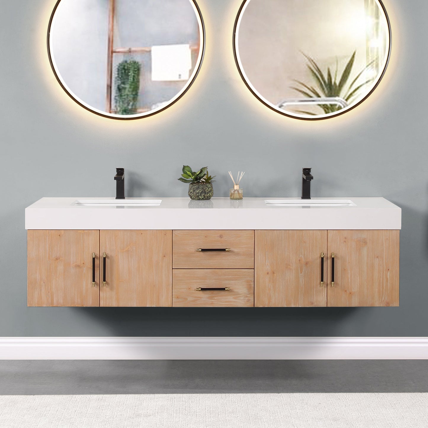 Corchia 72" Wall-mounted Double Bathroom Vanity in Light Brown with White Engineered Stone Countertop without Mirror