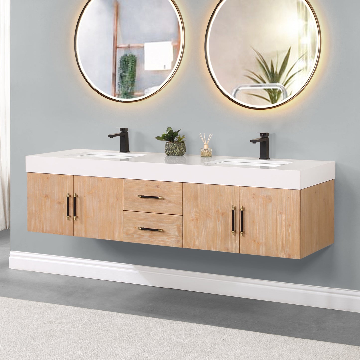 Corchia 72" Wall-mounted Double Bathroom Vanity in Light Brown with White Engineered Stone Countertop without Mirror