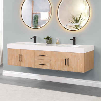Corchia 72" Wall-mounted Double Bathroom Vanity in Light Brown with White Engineered Stone Countertop without Mirror