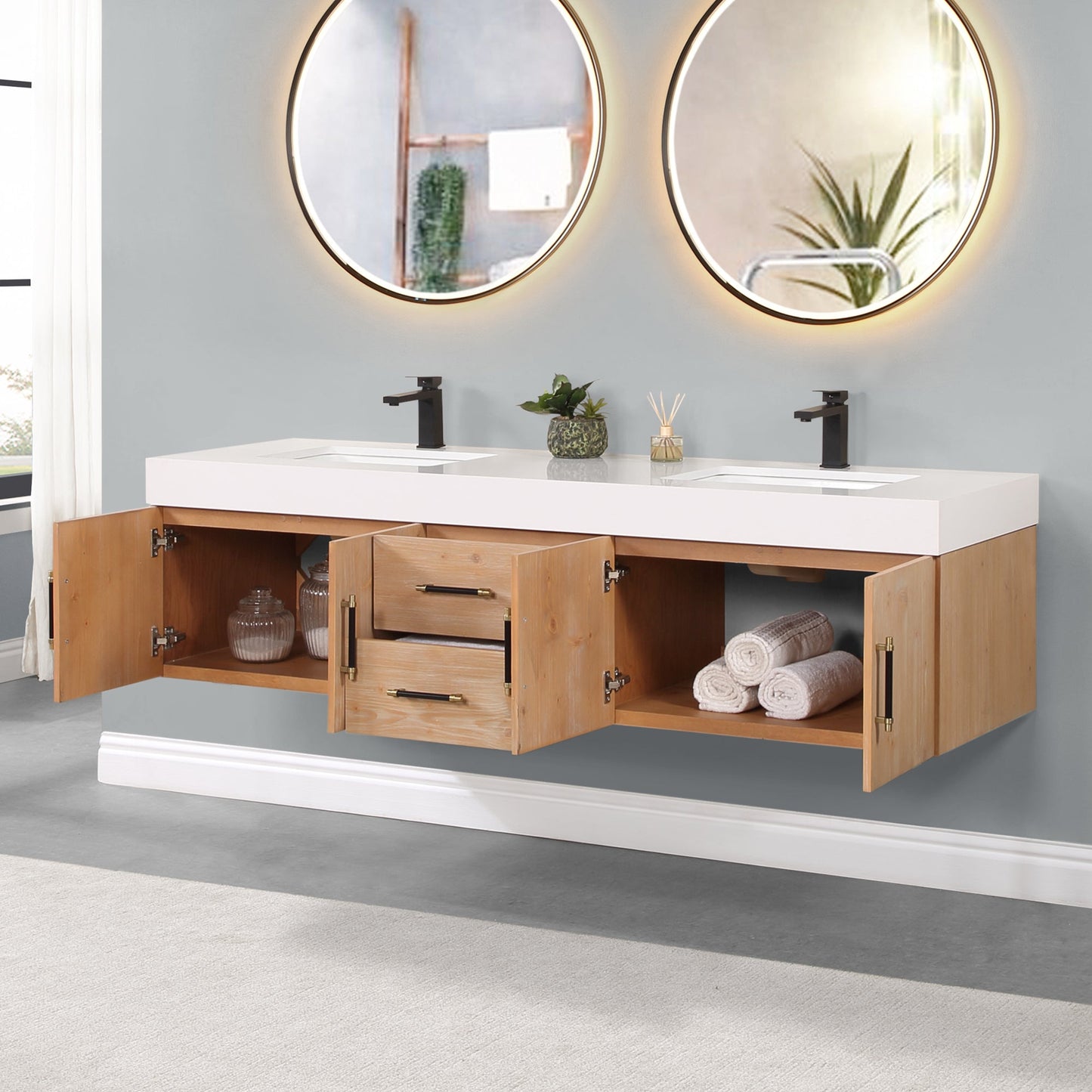 Corchia 72" Wall-mounted Double Bathroom Vanity in Light Brown with White Engineered Stone Countertop without Mirror