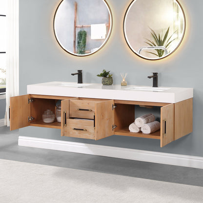 Corchia 72" Wall-mounted Double Bathroom Vanity in Light Brown with White Engineered Stone Countertop without Mirror
