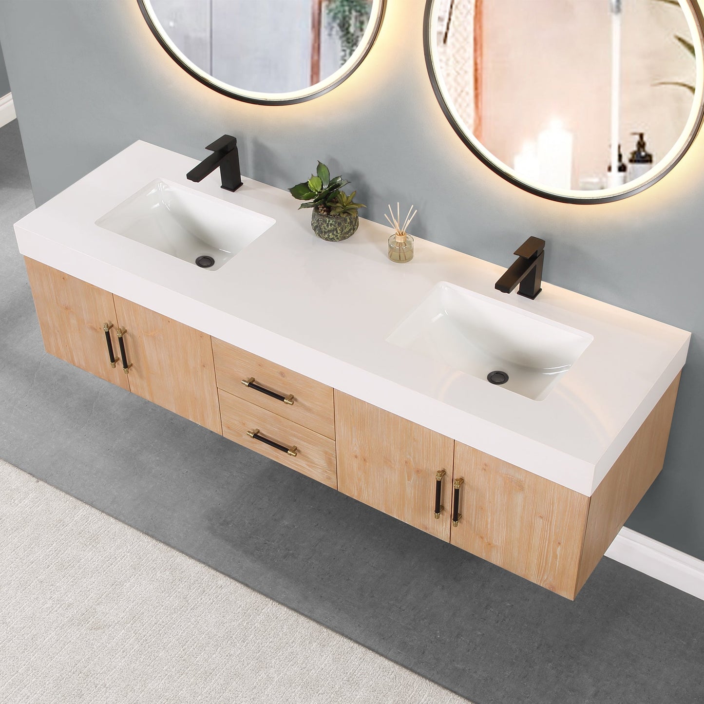Corchia 72" Wall-mounted Double Bathroom Vanity in Light Brown with White Engineered Stone Countertop without Mirror