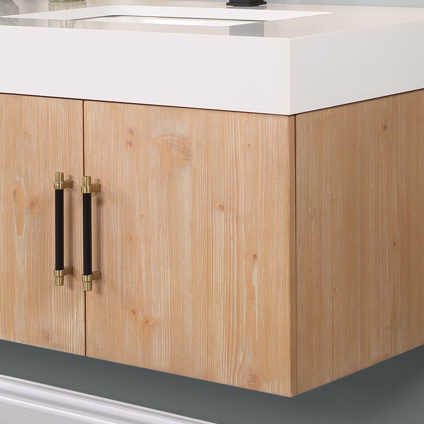Corchia 72" Wall-mounted Double Bathroom Vanity in Light Brown with White Engineered Stone Countertop without Mirror