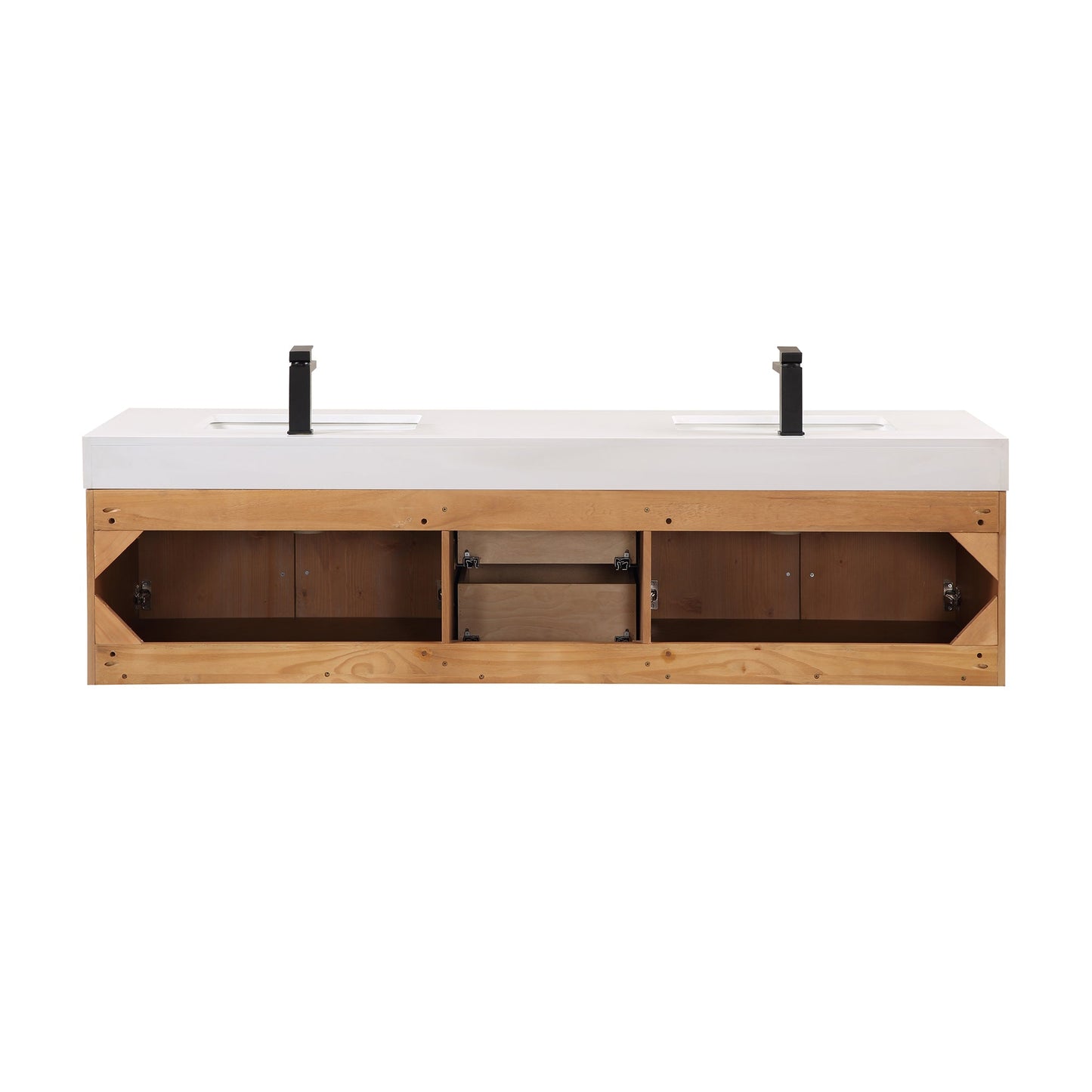 Corchia 72" Wall-mounted Double Bathroom Vanity in Light Brown with White Engineered Stone Countertop with Mirror