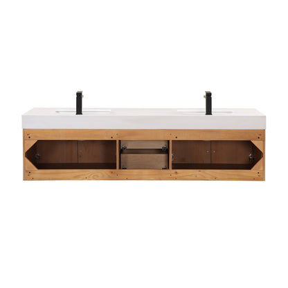 Corchia 72" Wall-mounted Double Bathroom Vanity in Light Brown with White Engineered Stone Countertop with Mirror