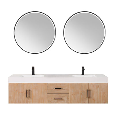 Corchia 72" Wall-mounted Double Bathroom Vanity in Light Brown with White Engineered Stone Countertop with Mirror