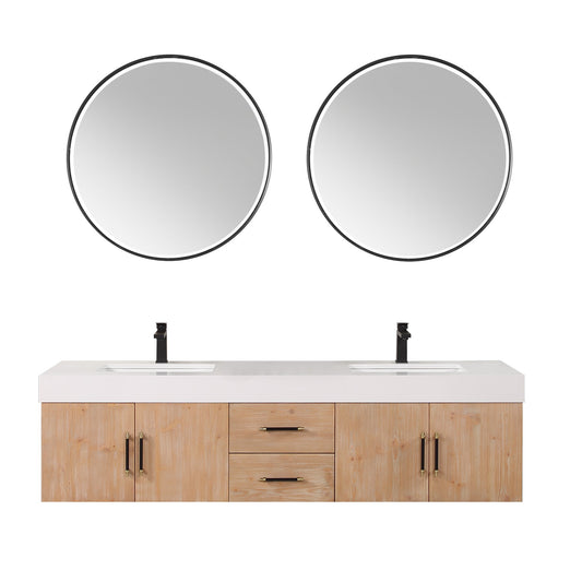 Corchia 72" Wall-mounted Double Bathroom Vanity in Light Brown with White Engineered Stone Countertop with Mirror