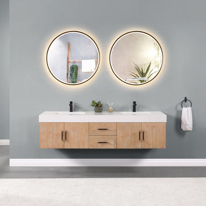 Corchia 72" Wall-mounted Double Bathroom Vanity in Light Brown with White Engineered Stone Countertop with Mirror