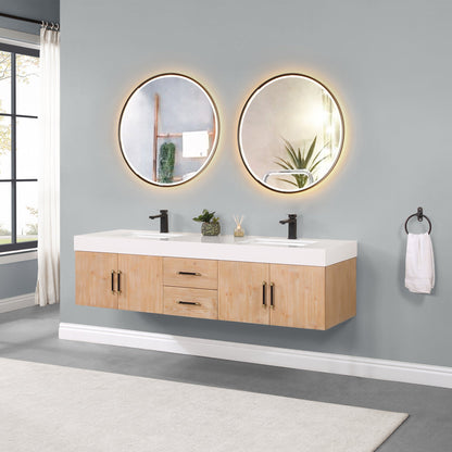 Corchia 72" Wall-mounted Double Bathroom Vanity in Light Brown with White Engineered Stone Countertop with Mirror