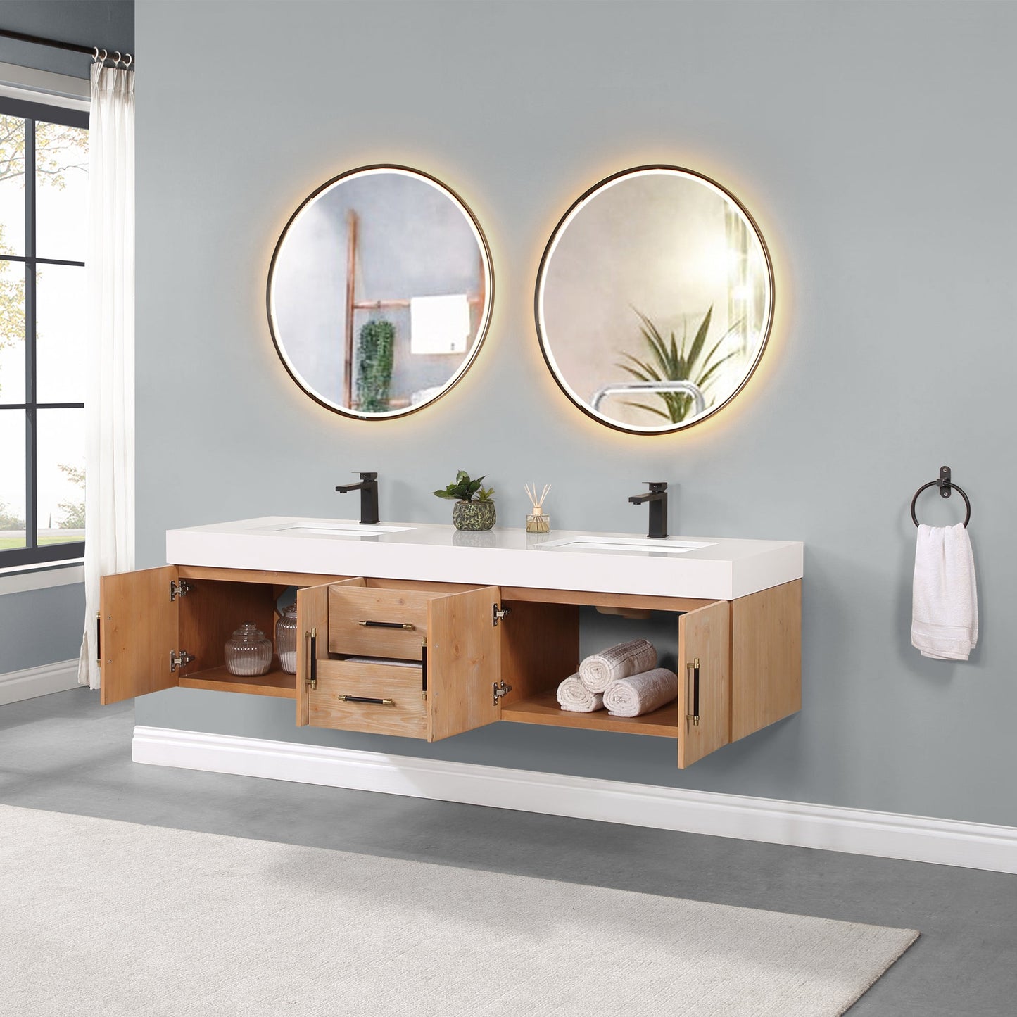 Corchia 72" Wall-mounted Double Bathroom Vanity in Light Brown with White Engineered Stone Countertop with Mirror