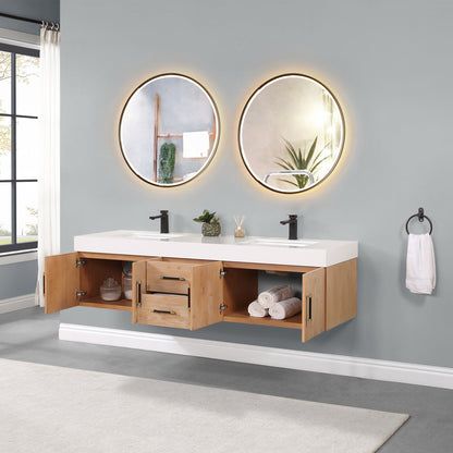 Corchia 72" Wall-mounted Double Bathroom Vanity in Light Brown with White Engineered Stone Countertop with Mirror