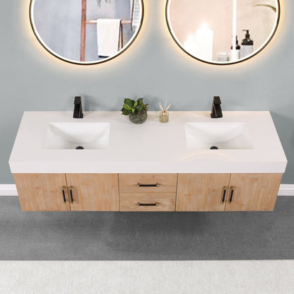 Corchia 72" Wall-mounted Double Bathroom Vanity in Light Brown with White Engineered Stone Countertop with Mirror