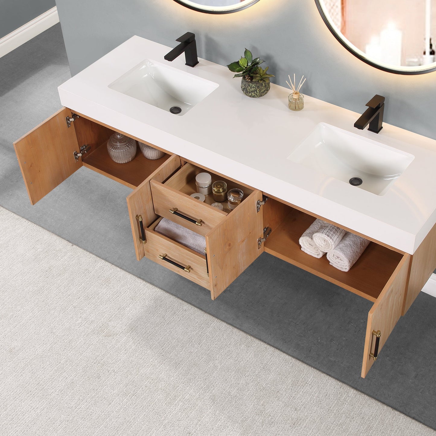 Corchia 72" Wall-mounted Double Bathroom Vanity in Light Brown with White Engineered Stone Countertop with Mirror