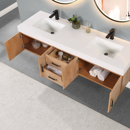Corchia 72" Wall-mounted Double Bathroom Vanity in Light Brown with White Engineered Stone Countertop with Mirror