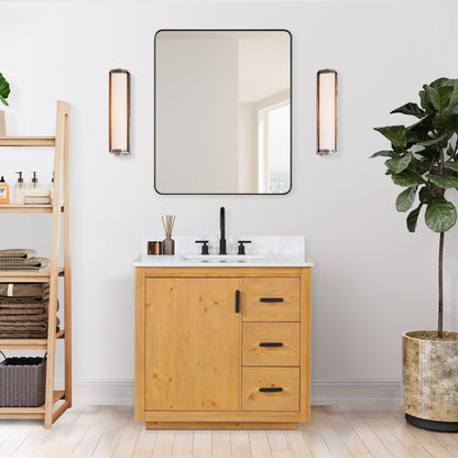 Perla 36" Single Bathroom Vanity in Natural Wood with Grain White Engineered Stone Countertop without Mirror