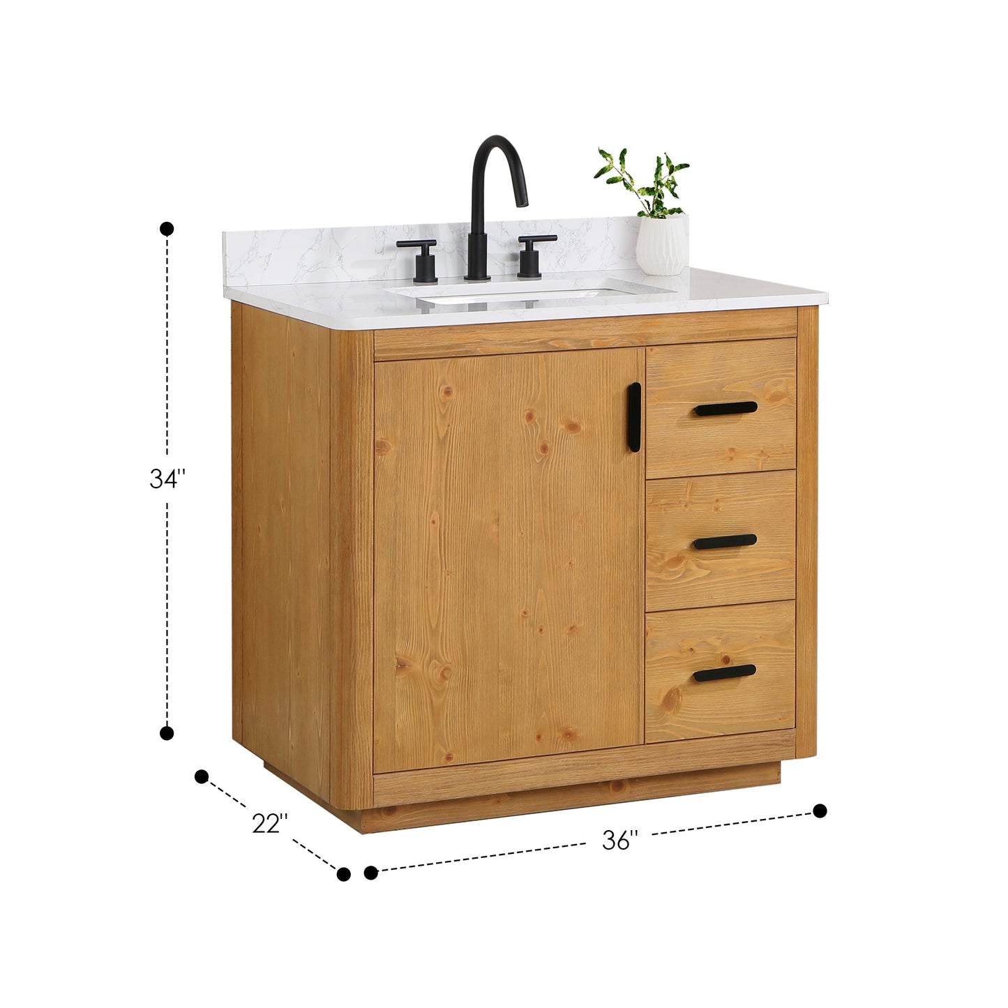Perla 36" Single Bathroom Vanity in Natural Wood with Grain White Engineered Stone Countertop without Mirror