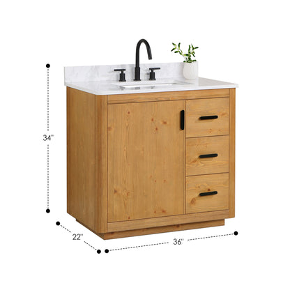 Perla 36" Single Bathroom Vanity in Natural Wood with Grain White Engineered Stone Countertop without Mirror
