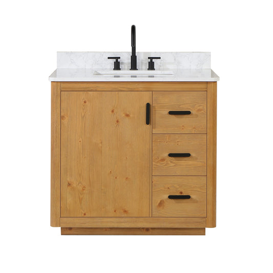 Perla 36" Single Bathroom Vanity in Natural Wood with Grain White Engineered Stone Countertop without Mirror