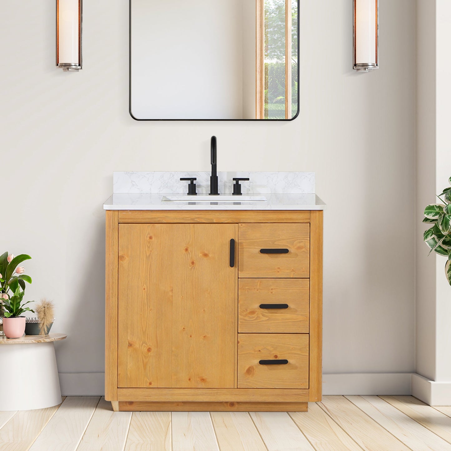 Perla 36" Single Bathroom Vanity in Natural Wood with Grain White Engineered Stone Countertop without Mirror