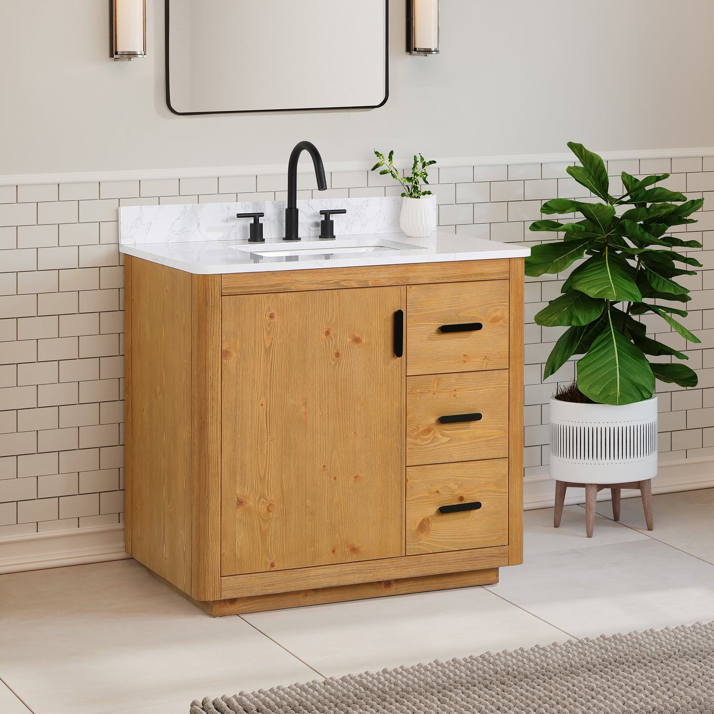 Perla 36" Single Bathroom Vanity in Natural Wood with Grain White Engineered Stone Countertop without Mirror