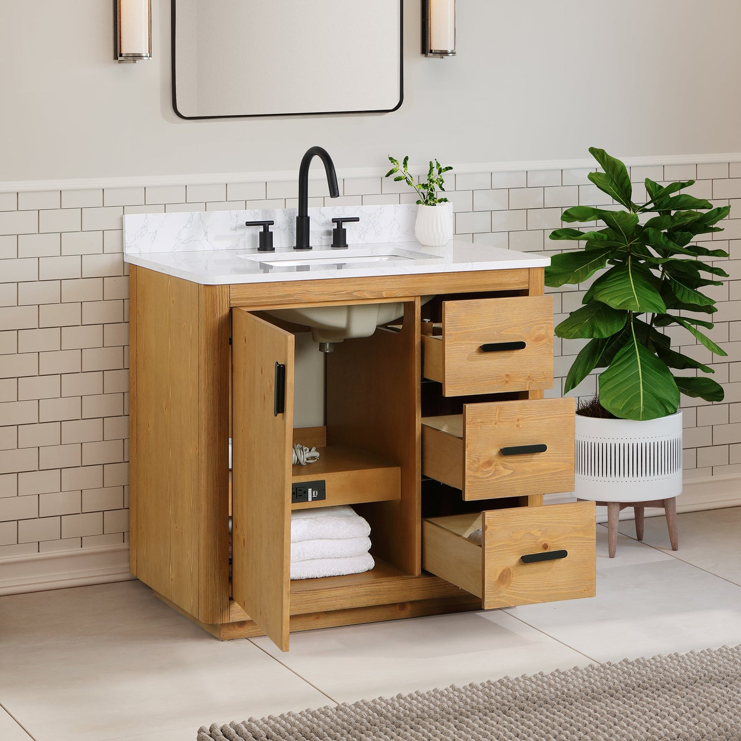 Perla 36" Single Bathroom Vanity in Natural Wood with Grain White Engineered Stone Countertop without Mirror