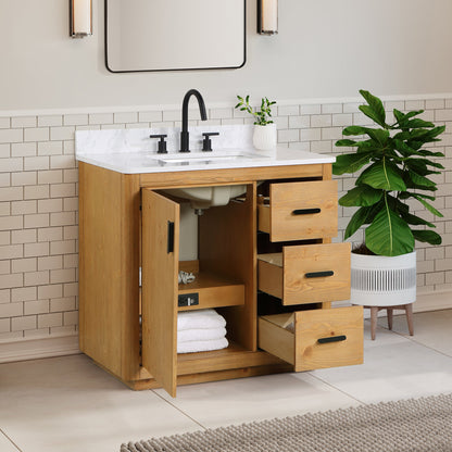 Perla 36" Single Bathroom Vanity in Natural Wood with Grain White Engineered Stone Countertop without Mirror