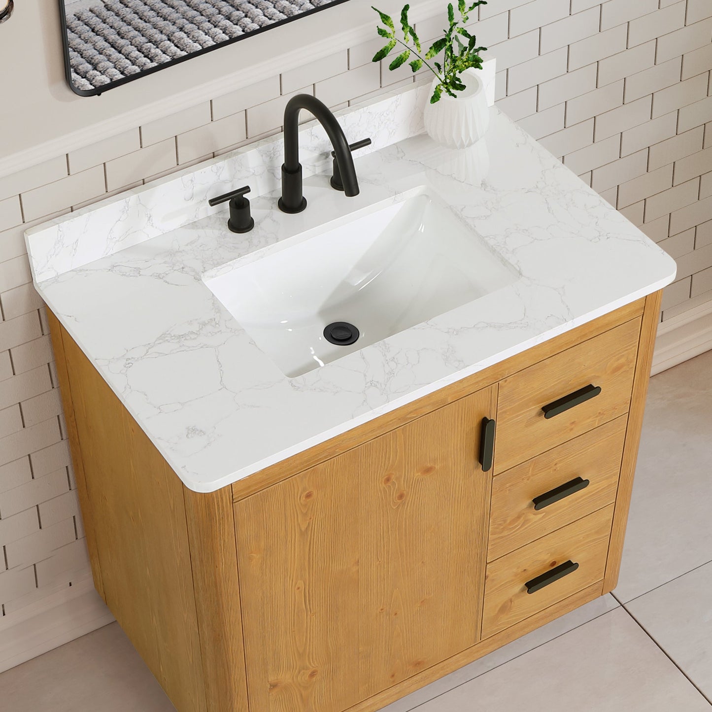 Perla 36" Single Bathroom Vanity in Natural Wood with Grain White Engineered Stone Countertop without Mirror