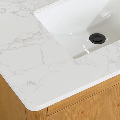 Perla 36" Single Bathroom Vanity in Natural Wood with Grain White Engineered Stone Countertop without Mirror