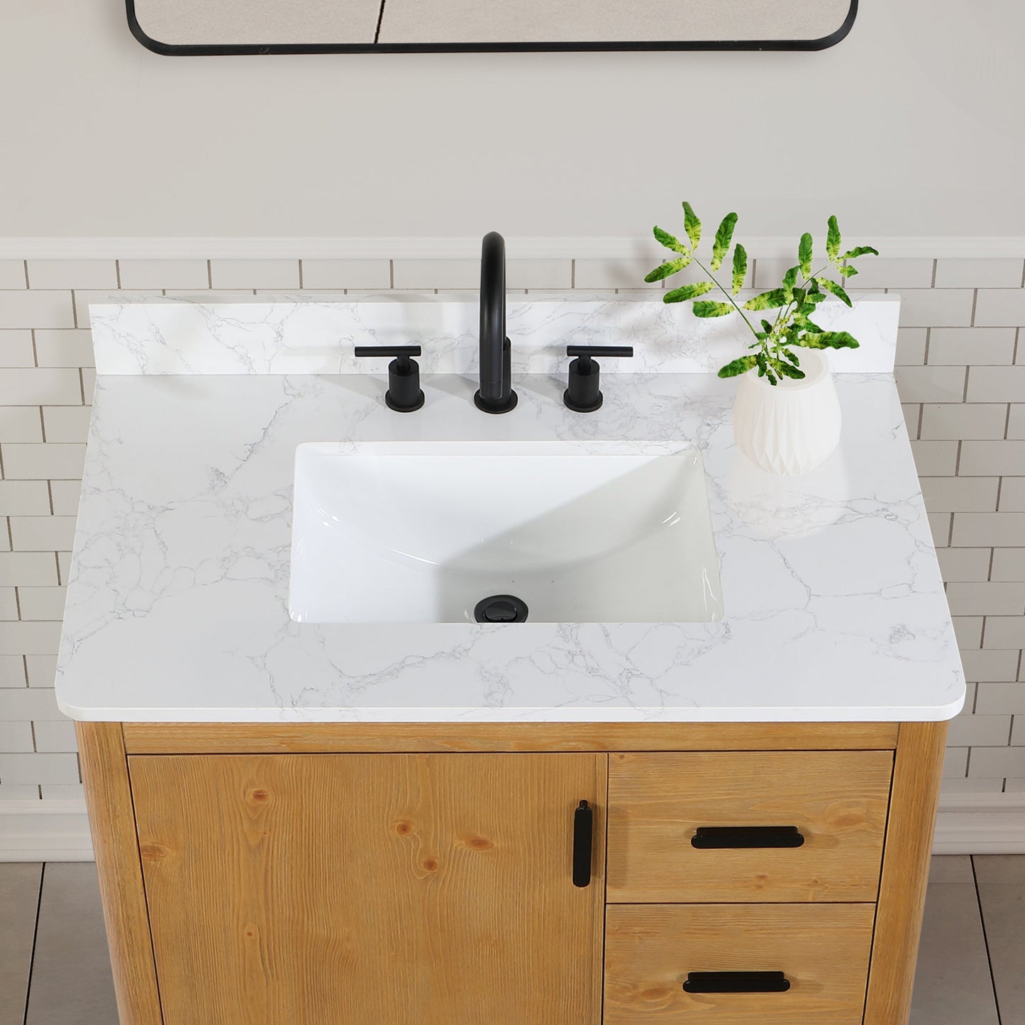 Perla 36" Single Bathroom Vanity in Natural Wood with Grain White Engineered Stone Countertop without Mirror