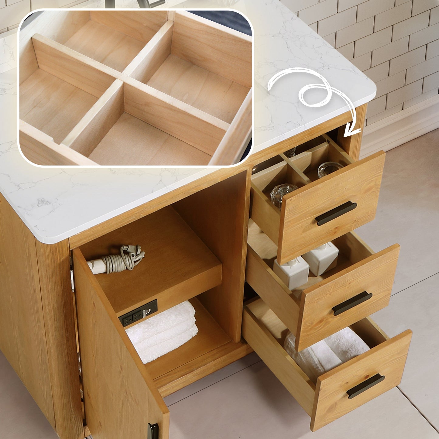 Perla 36" Single Bathroom Vanity in Natural Wood with Grain White Engineered Stone Countertop without Mirror