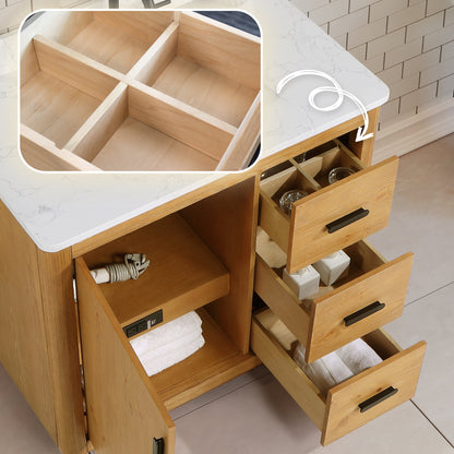 Perla 36" Single Bathroom Vanity in Natural Wood with Grain White Engineered Stone Countertop without Mirror