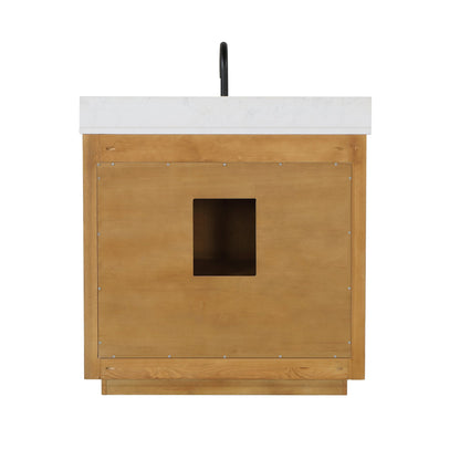 Perla 36" Single Bathroom Vanity in Natural Wood with Grain White Engineered Stone Countertop with Mirror