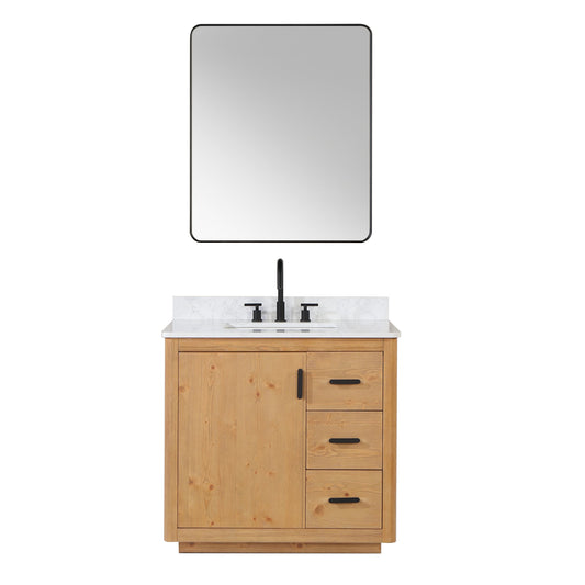 Perla 36" Single Bathroom Vanity in Natural Wood with Grain White Engineered Stone Countertop with Mirror