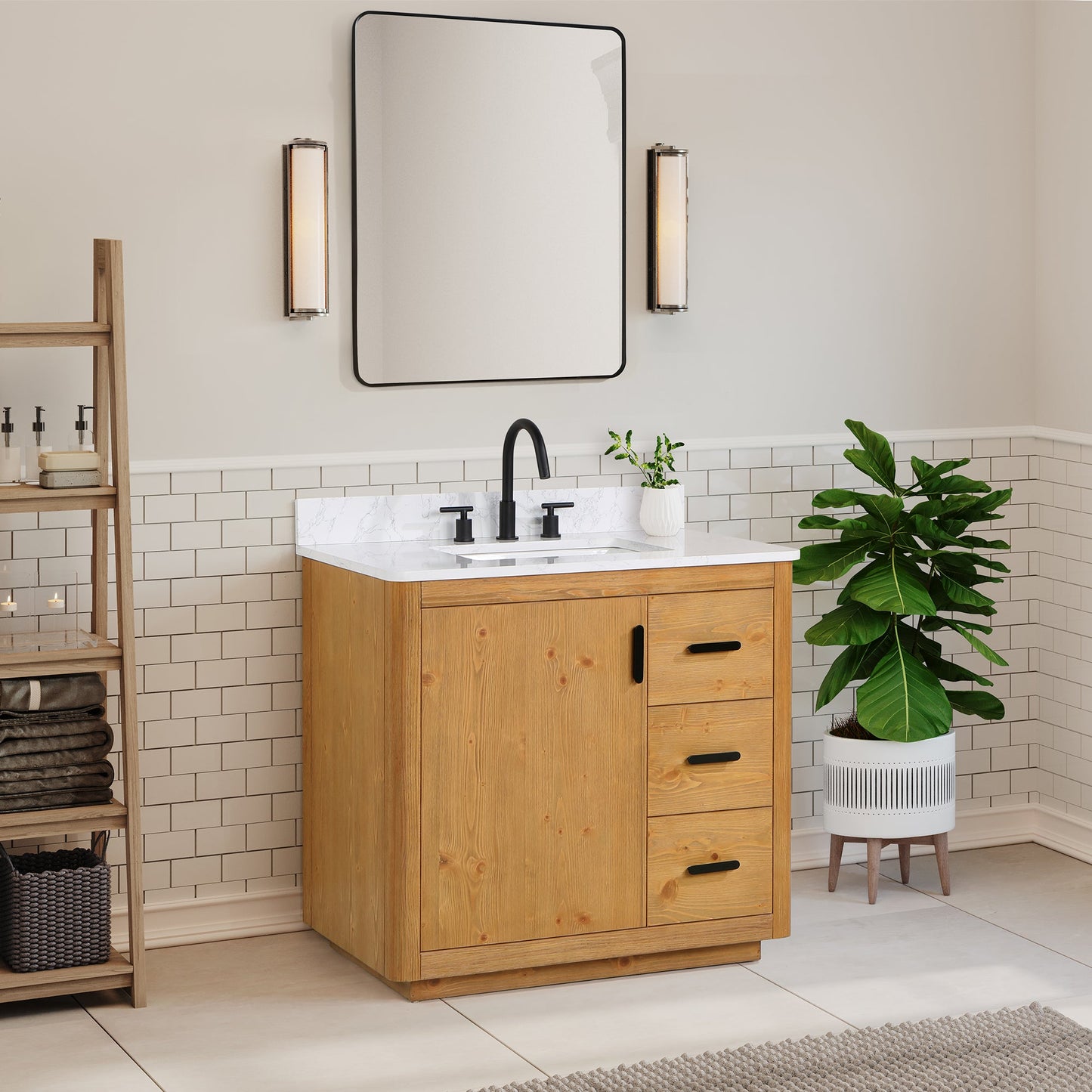 Perla 36" Single Bathroom Vanity in Natural Wood with Grain White Engineered Stone Countertop with Mirror