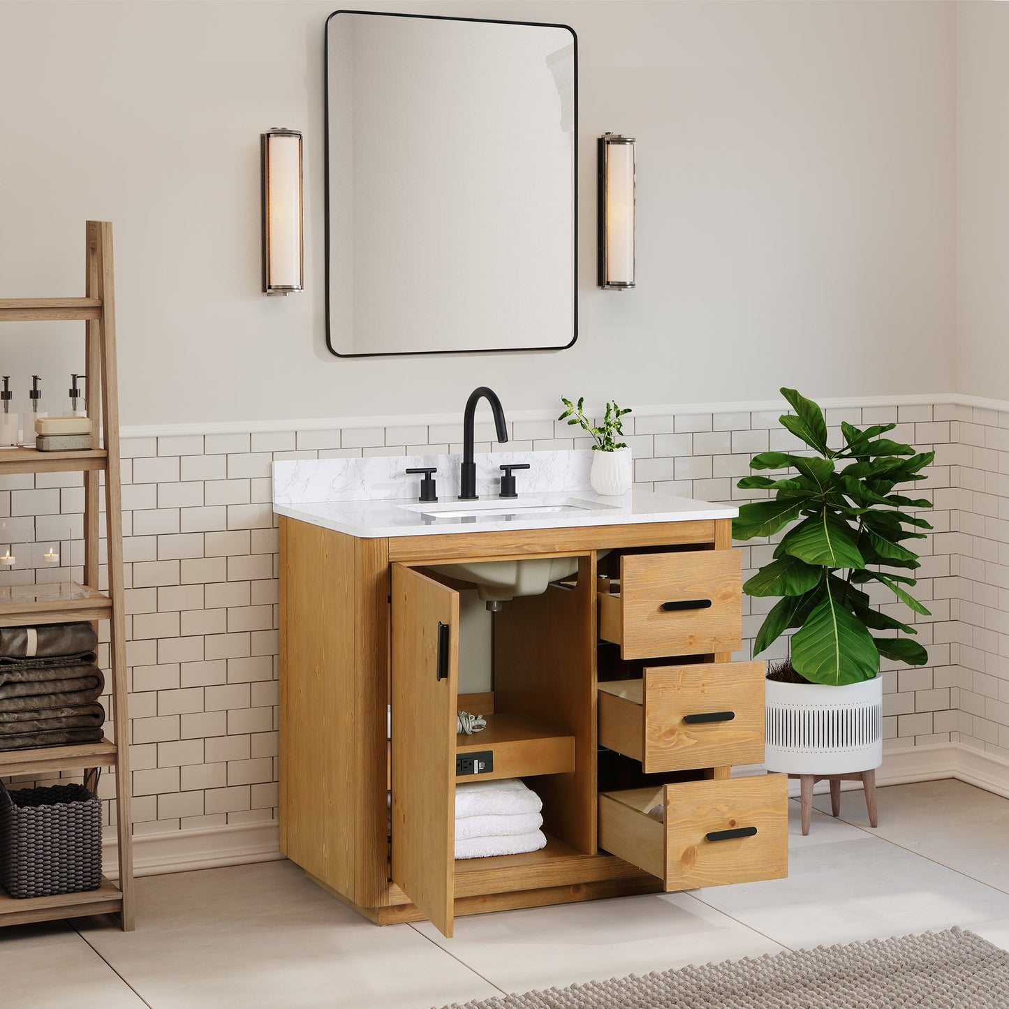 Perla 36" Single Bathroom Vanity in Natural Wood with Grain White Engineered Stone Countertop with Mirror