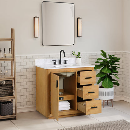 Perla 36" Single Bathroom Vanity in Natural Wood with Grain White Engineered Stone Countertop with Mirror