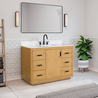 Perla 48" Single Bathroom Vanity in Natural Wood with Grain White Engineered Stone Countertop without Mirror