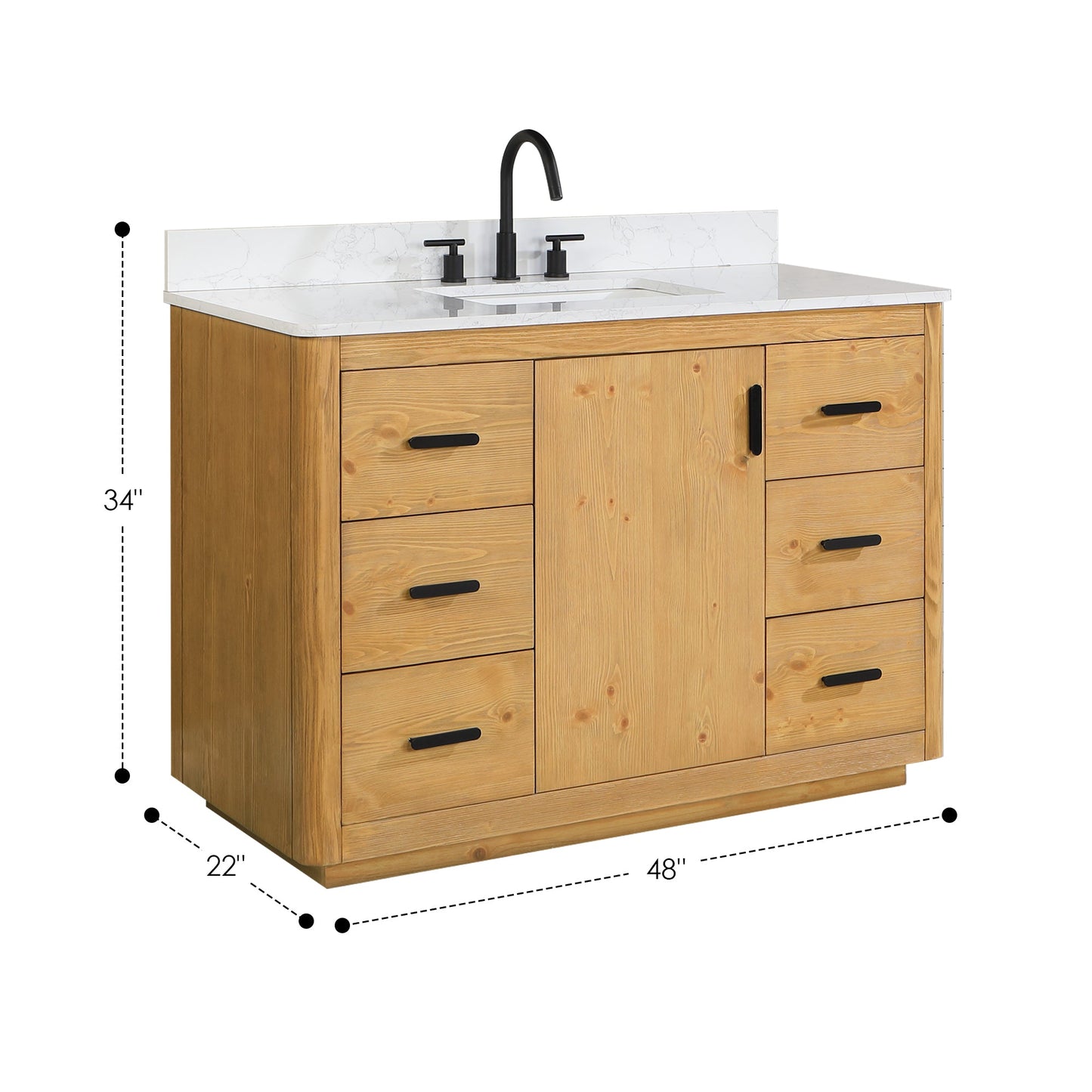 Perla 48" Single Bathroom Vanity in Natural Wood with Grain White Engineered Stone Countertop without Mirror